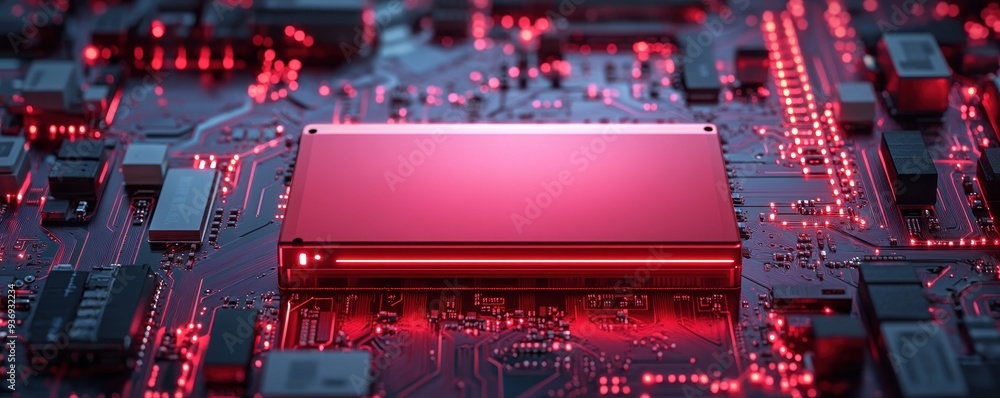 Poster red external drive centered on a complex circuit board, neon lights adding a futuristic vibe