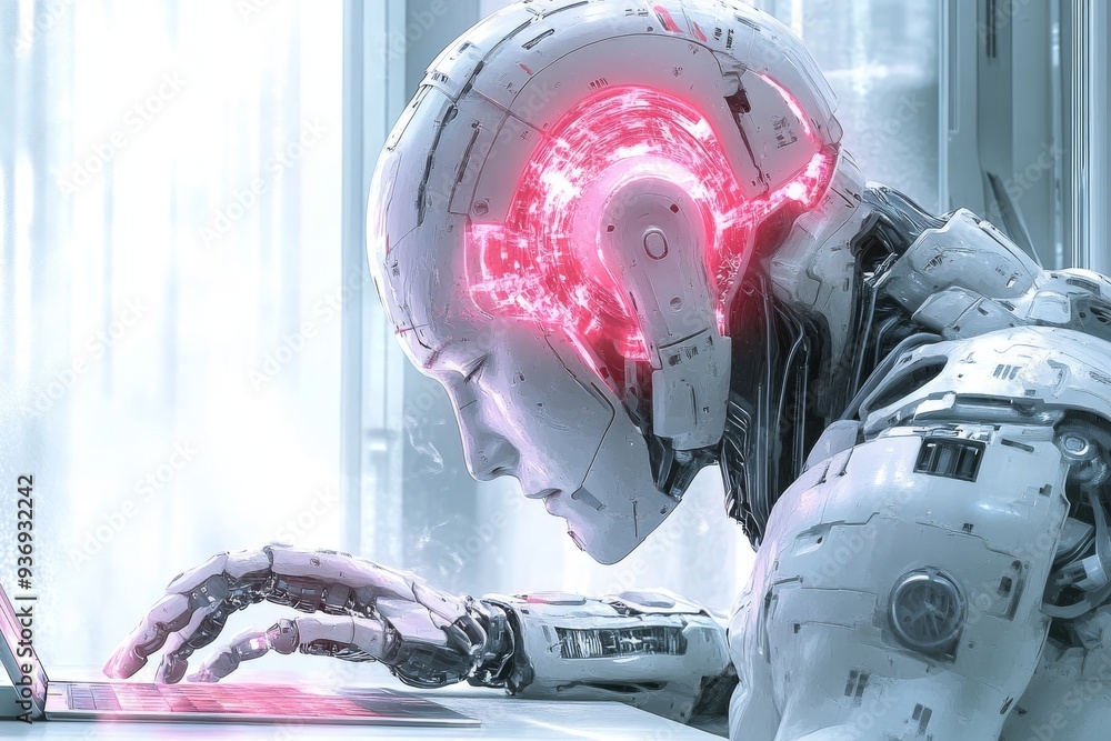 Poster robot holding a dna strand representing the intersection of artificial intelligence and genetic engi