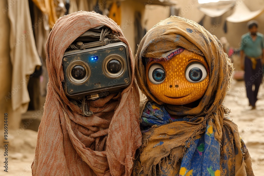 Poster two robots dressed in rustic clothing depicting a blend of tradition and technology in a unique cult