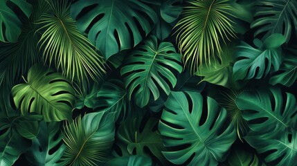 Monstera green leaves or Monstera Deliciosa in dark tones(Monstera, palm, rubber plant, pine, birdâ€™s nest fern), background or green leafy tropical pine forest patterns for creative design , ai