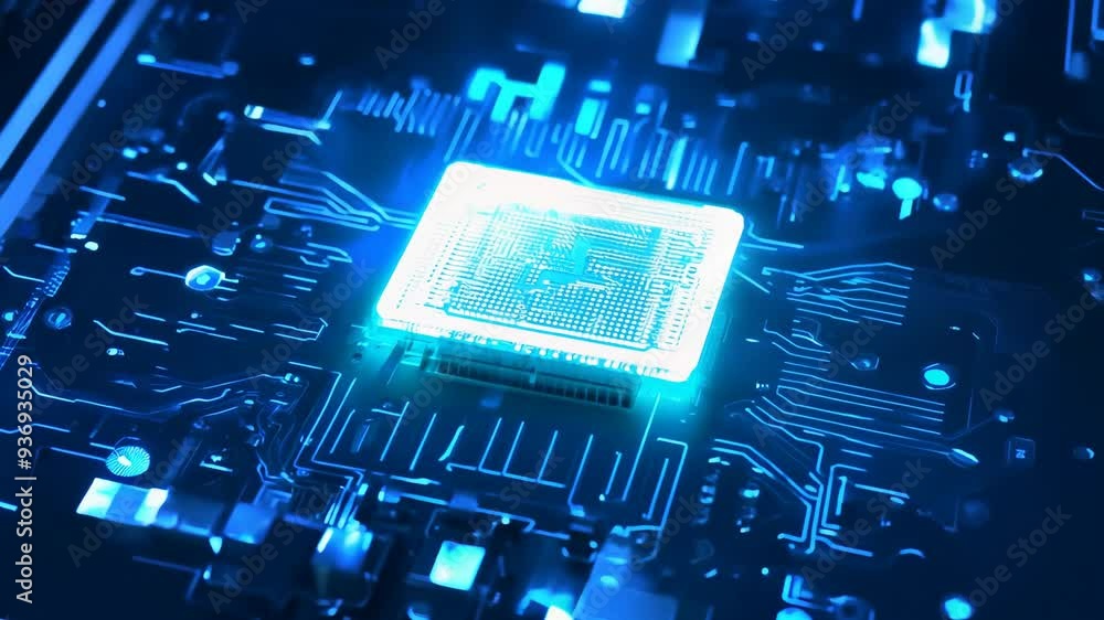 Aufkleber exploring the intricate design of a glowing computer chip in a dark environment