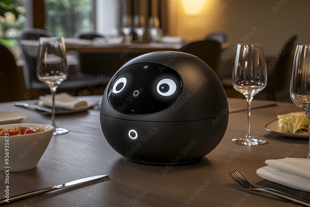 Poster round robot sitting on a dinner table highlighting the integration of ai and robotics in everyday do