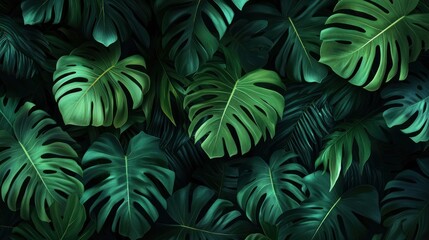 Monstera green leaves or Monstera Deliciosa in dark tones(Monstera, palm, rubber plant, pine, birdâ€™s nest fern), background or green leafy tropical pine forest patterns for creative design , ai
