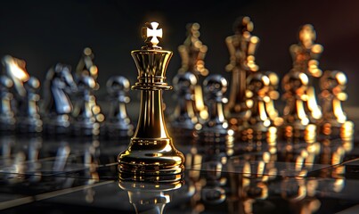 King golden chess standing confront of the silver chess team to challenge concepts of leadership and business strategy management and leadership.