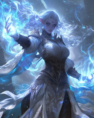 Obraz premium powerful elf mage wielding blue arcane flames in a dark mystical realm with flowing white hair and intricate armor