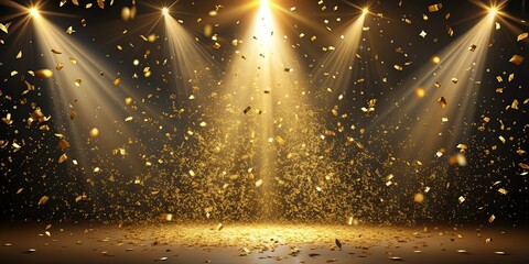 Golden confetti falling on stage with spotlight and dark background, creating a dreamy and festive atmosphere