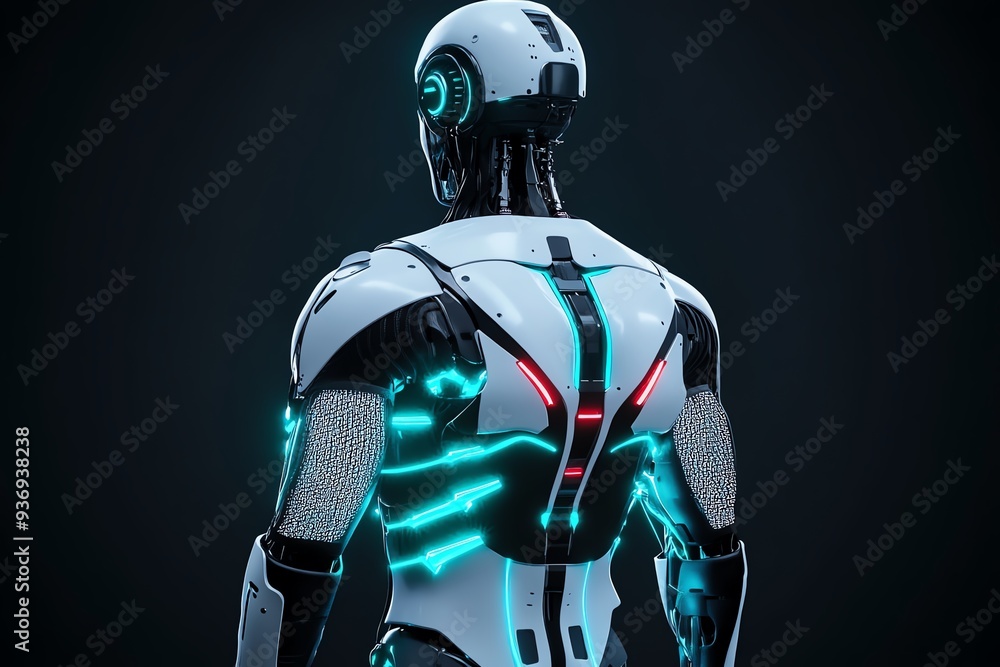 Poster futuristic robot design with glowing accents, showcasing advanced technology and sleek aesthetics fr
