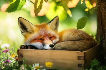 Naklejka premium high-angle shot of a fox sleeping soundly in a wooden box, placed in a sunny meadow. The soft summer breeze causes the surrounding grass and flowers to sway gently