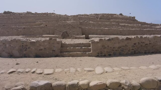 The ancient archaeological site of Caral, near Supe, Barranca Province, Peru. Caral is a UNESCO world heritage site and considered to be the oldest city in the Americas.