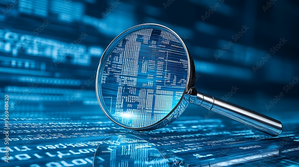 Aufkleber close-up of a magnifying glass over financial documents with coding data in the background, soft bok