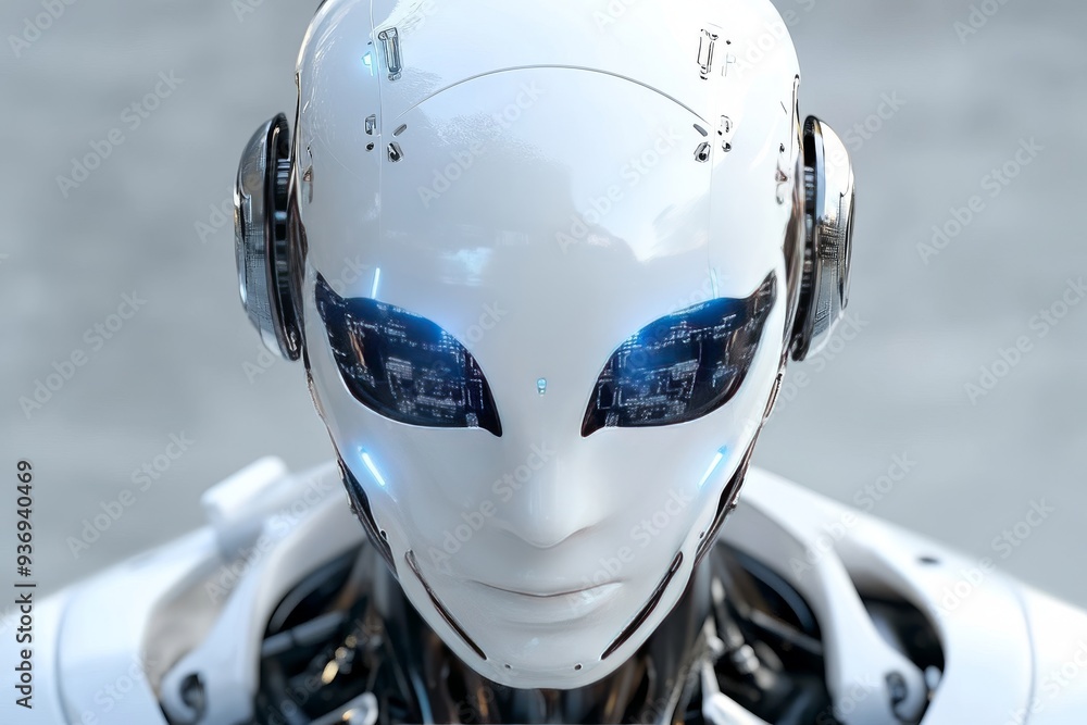 Poster close up of a futuristic white robot with blue eyes representing the evolution of robotics and artif