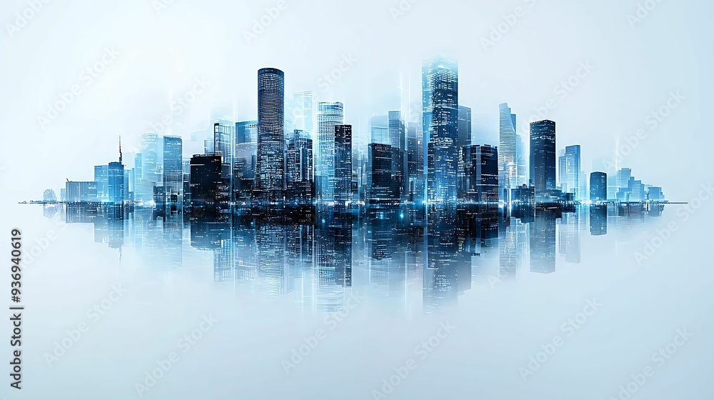 Poster urban skyline with augmented reality data visuals highlighting key buildings, futuristic tech, copy 