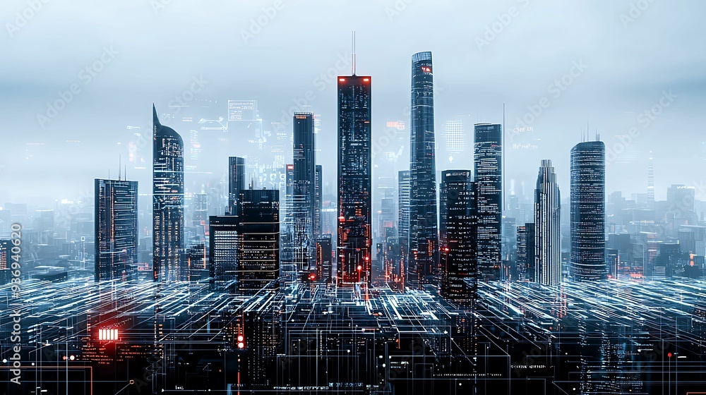 Poster urban skyline with augmented reality data visuals highlighting key buildings, futuristic tech, copy 