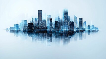 Fototapeta premium Urban skyline with augmented reality data visuals highlighting key buildings, futuristic tech, copy space for text,