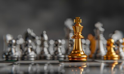 King golden chess standing confront of the silver chess team to challenge concepts of leadership and business strategy management and leadership.