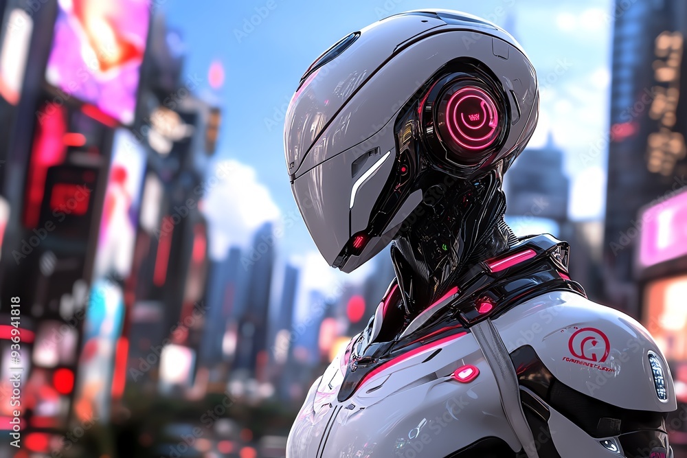 Aufkleber Futuristic robot in neon-lit cityscape, showcasing advanced technology and sleek design in an urban environment.