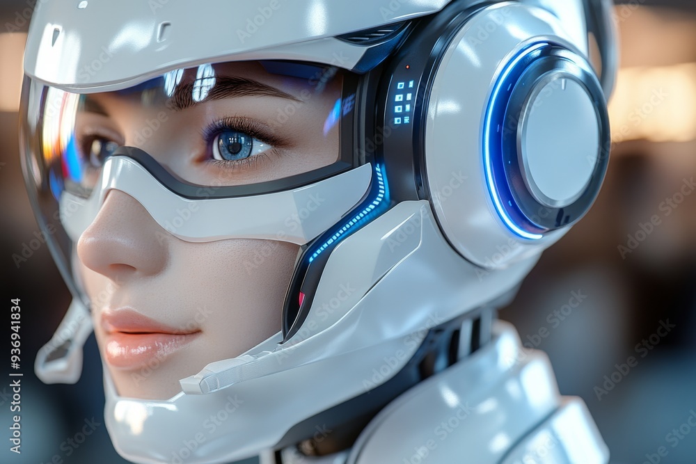 Poster close up of a futuristic helmet with a reflective visor depicting advanced technology in modern comb