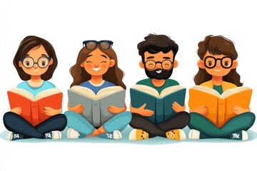 Four Cartoon Characters Sitting and Reading Books Illustration