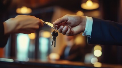 Guests receive their room keys from the concierge at a luxury hotel during check-in in the evening