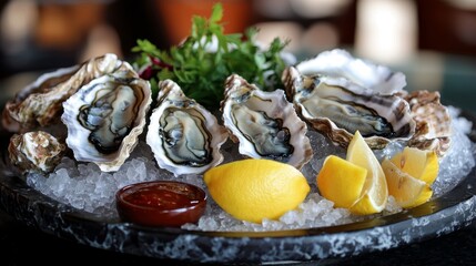 luxurious dish of fresh oysters served in a fancy restaurant, beautifully arranged on a bed of ice with lemon slices, seaweed, and a selection of sauces