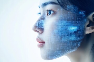 Profile of a Woman with Digital Elements on Her Face Highlighting the Fusion of Human Identity and Technology in a Futuristic World