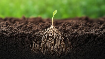 Tiny seed sprouting roots under the soil, cross-sectional view, vibrant colors, representing the inception of life, growth, beginning, nature