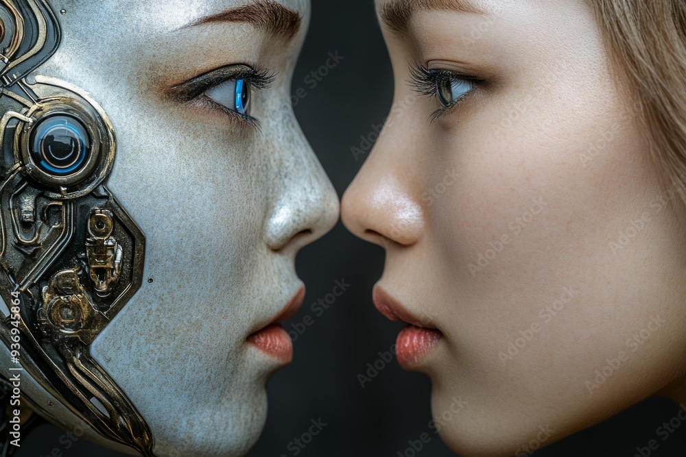 Poster close up face off between a human and a robotic counterpart illustrating the intricate blend of orga