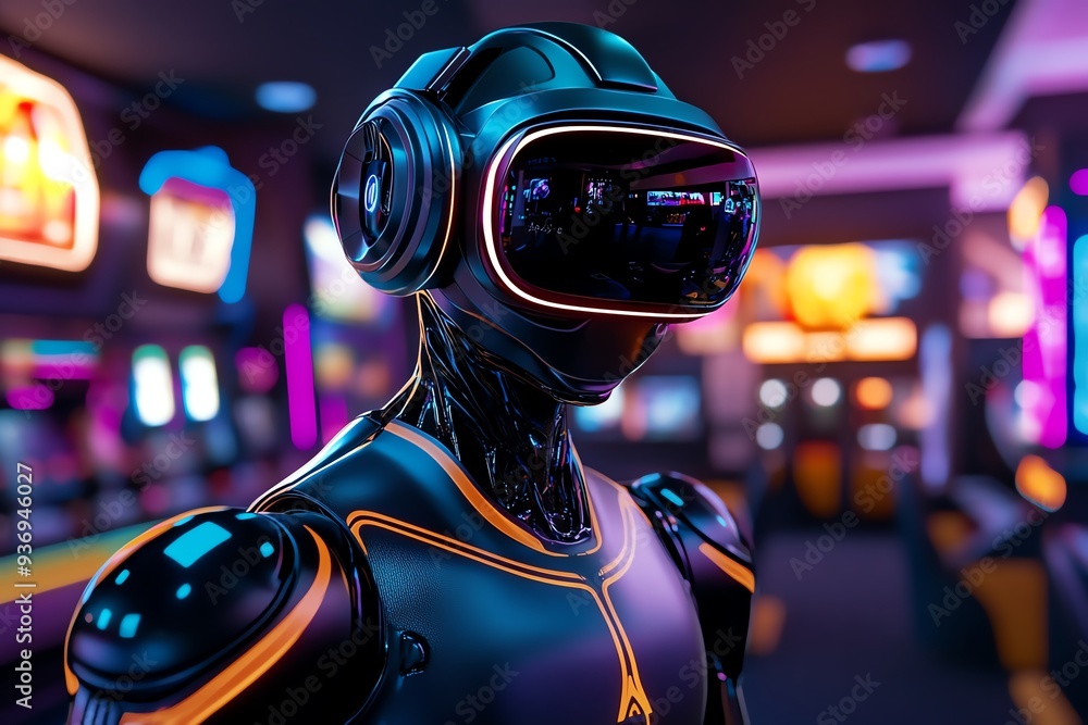 Poster futuristic robot with headphones and vr headset in vibrant arcade setting, showcasing advanced techn