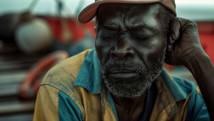 Black male fisherman, copy space, looking at the subject with a serious or sad expression