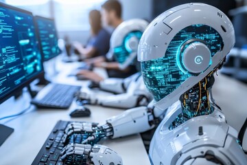 Futuristic lab environment with a robot overseeing digital processes showcasing the seamless integration of AI in advanced technical operations