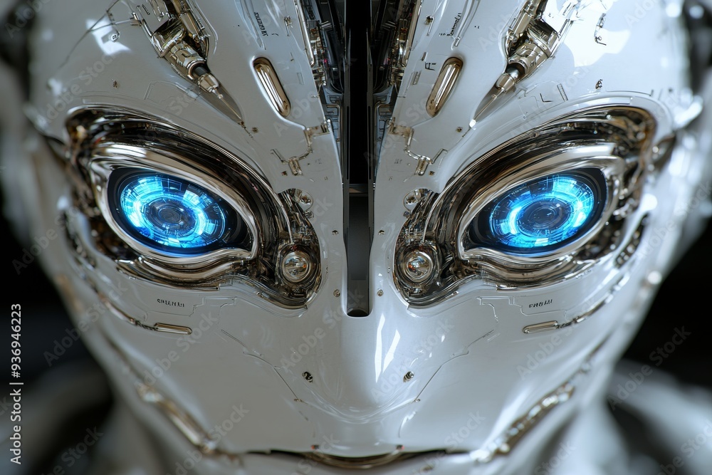 Poster close up of a robots glowing blue eyes emphasizing the precision and advanced technology in modern a