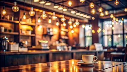 Blurred background of a cozy coffee bar with bokeh lights