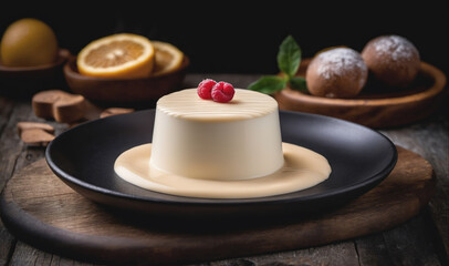 A creamy white panna cotta is topped with two raspberries and served on a black plate with a caramel sauce