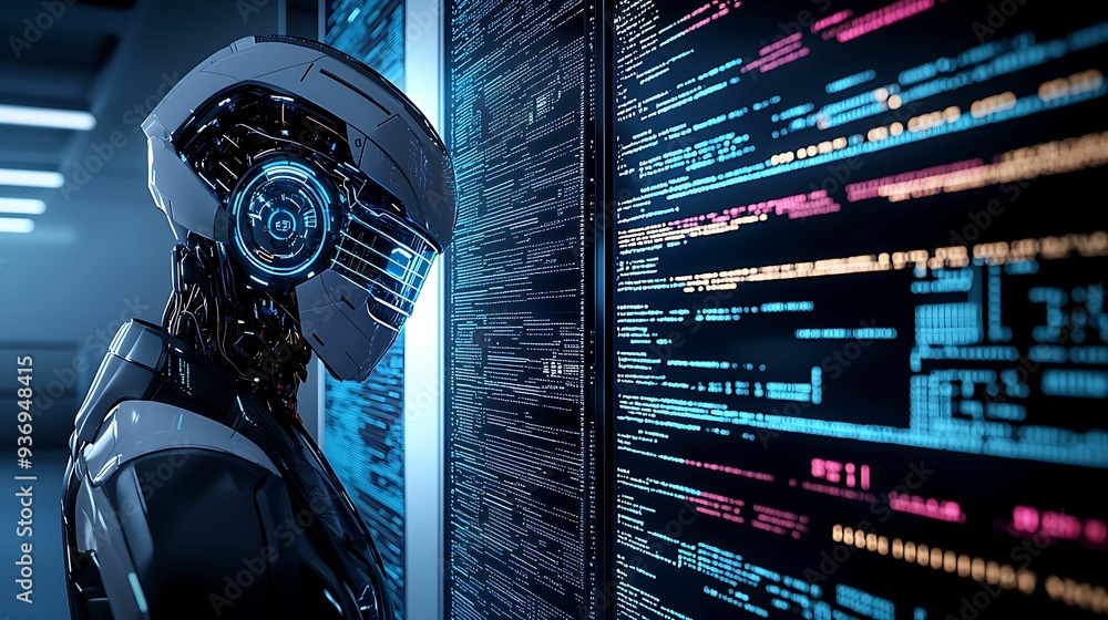 Aufkleber digital humanoid robot analyzing data servers, vibrant neon colors and bokeh effects, futuristic ai 