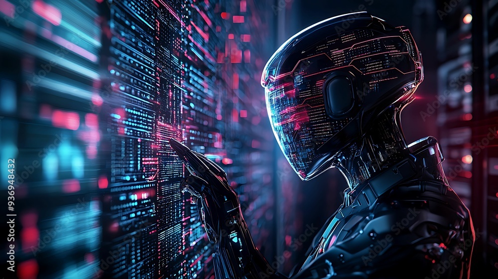 Poster digital humanoid robot analyzing data servers, vibrant neon colors and bokeh effects, futuristic ai 