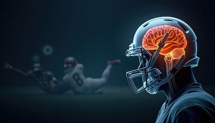 A conceptual illustration of a football player's helmet revealing a brain, highlighting the importance of brain health in sports. Perfect for health, sports, and safety campaigns.