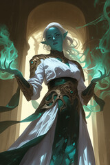 Obraz premium powerful drow mage with pale blue skin conjuring green magical flames, standing in an ancient temple, adorned in intricate white and gold armor, fierce expression
