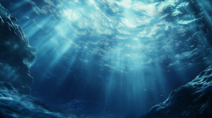 Obraz premium Mesmerizing Underwater Background with Light Shafts Ripples and Marine Life for Tranquil Ocean and Aquatic Themes