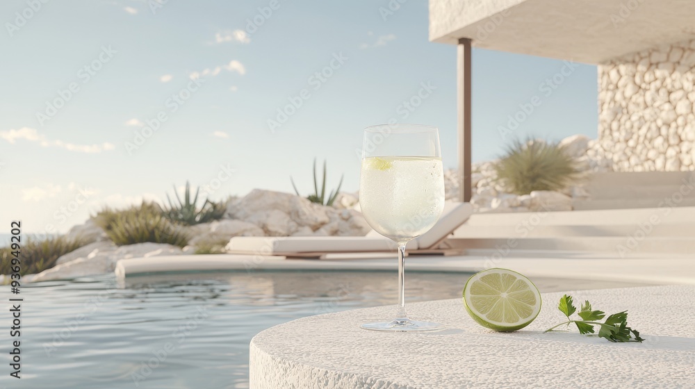 Poster refreshing summer drink by the pool with lime and parsley
