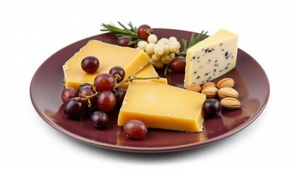 A delicious cheese platter featuring assorted cheeses, grapes, and almonds, perfect for gourmet dining, events, or culinary promotions.