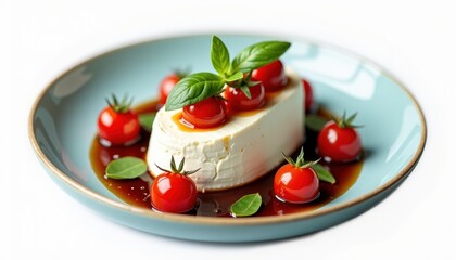 A delicious presentation of creamy cheese topped with cherry tomatoes and basil on a blue plate. Perfect for culinary art, restaurants, and food photography.