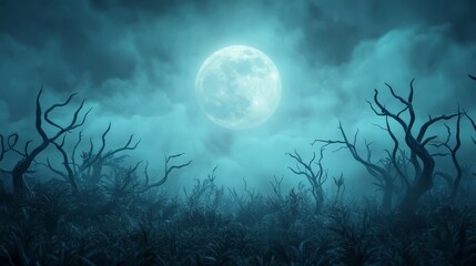 Fototapeta premium Full Moon Over Spooky Forest with Dead Trees and Fog