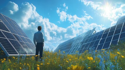 Man Admiring Solar Panels in a Field of Flowers
