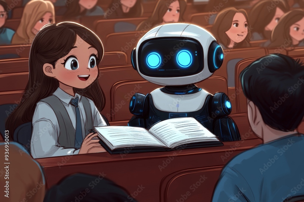 Poster cartoon of a humanoid robot learning with children in a classroom symbolizing the future of ai in ed