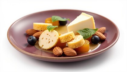 A delicious assortment of gourmet cheeses and nuts elegantly arranged on a plate, perfect for culinary presentations, catering, and food photography.