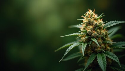 Obraz premium Close-up of a cannabis plant showcasing its vibrant buds, ideal for illustrating discussions on agriculture, wellness, or the evolving cannabis industry.