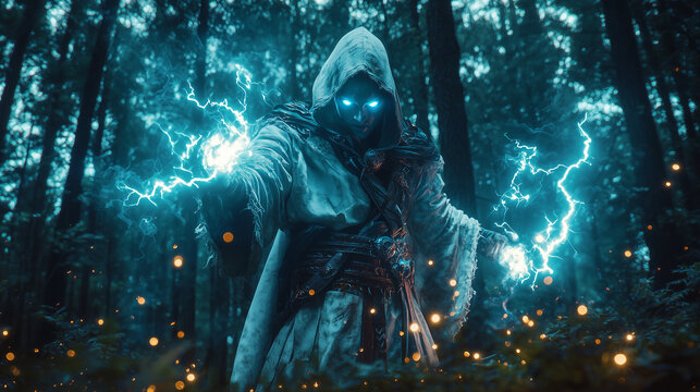 mysterious drow warrior with glowing blue eyes and crackling lightning magic, standing in a dark forest, wearing a hooded cloak and intricate armor, surrounded by sparks