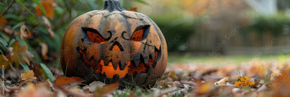 Poster Spooky outdoor Halloween decoration featuring a Jack o'lantern.