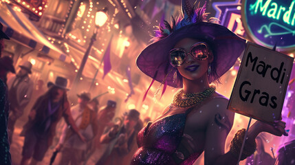 Fototapeta premium illustration of a cute girl at a street parade holding a sign that says Mardi Gras