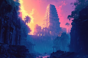 Fototapeta premium Ancient Temple Ruins at Sunset with Palm Trees and a Waterway
